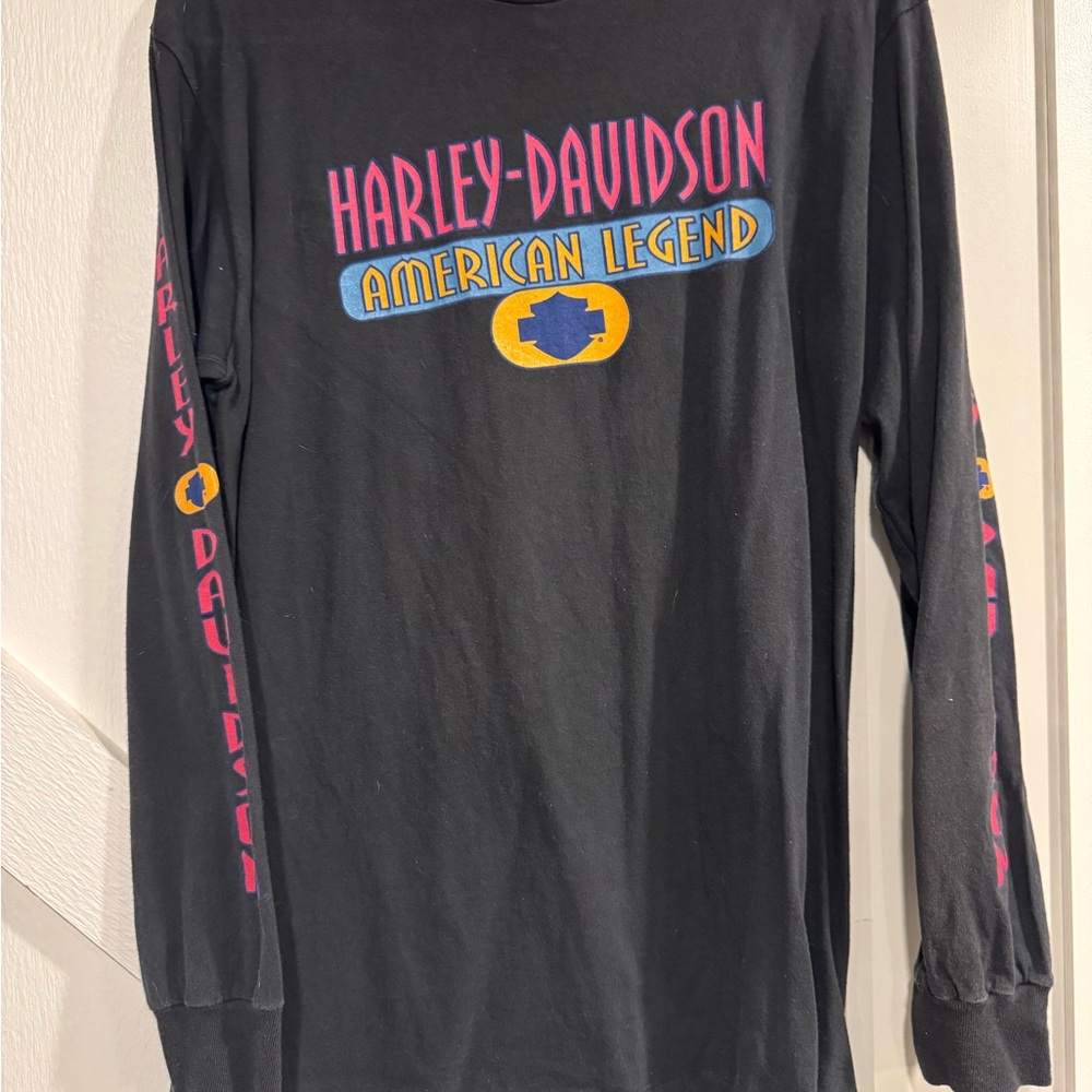 Vintage Harley-Davidson Black Long Sleeve Tee with Pink and Yellow Accents